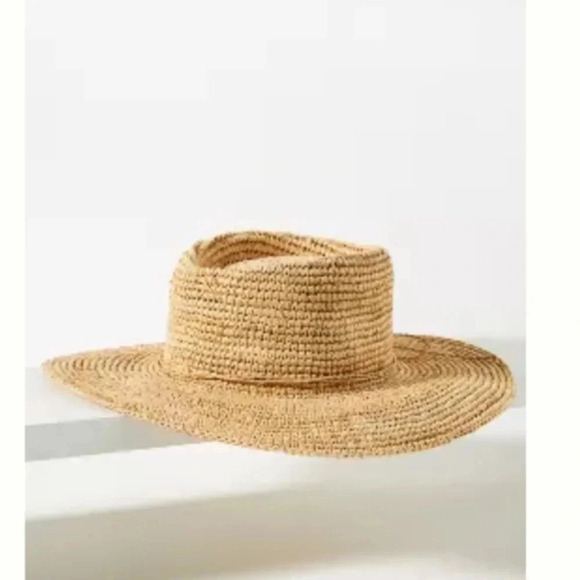 NWT Anthropologie Raffia Tan  Raffia Boater Hat - Picture 1 of 7